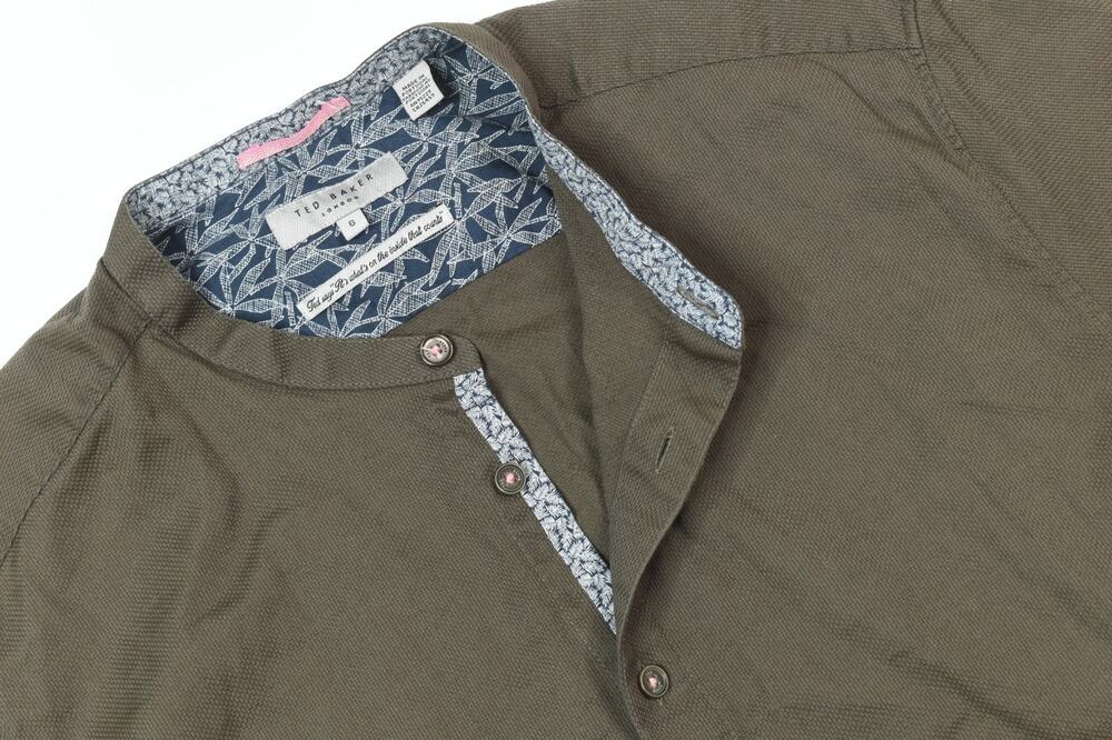 Ted Baker Shirt Mens 6 Olive Green Grandad Band Collar Short Sleeve Floral